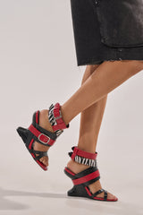 AZALEA WANG ISKRA RED MULTI STRAP NOVELTY WEDGE SANDAL