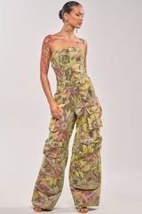SMELL THE FLOWERS BROCADE STRAPLESS JUMPSUIT