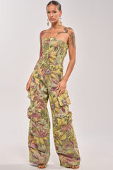 SMELL THE FLOWERS BROCADE STRAPLESS JUMPSUIT
