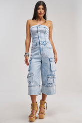 ALICIA CROPPED CARGO JUMPSUIT IN LIGHT BLUE DENIM