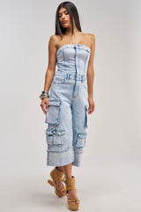 ALICIA CROPPED CARGO JUMPSUIT IN LIGHT BLUE DENIM