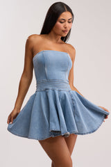 SWEET LIKE ME STRAPLESS DENIM MINI DRESS IN MEDIUM BLUE