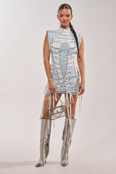 ALL ABOUT IT LACE UP MINI DRESS IN LIGHT BLUE DENIM