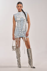 ALL ABOUT IT LACE UP MINI DRESS IN LIGHT BLUE DENIM
