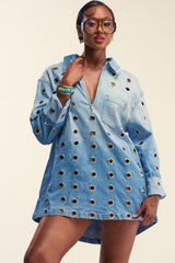 COOL GIRL OVERSIZED GROMMET SHIRT DRESS IN DENIM