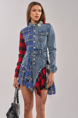PATCHWORK PLAID DENIM MINI DRESS