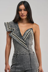 LUXURIOUS DENIM ASYMMETRICAL PEARL BODYSUIT IN GREY