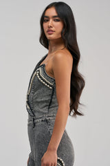 LUXURIOUS DENIM ASYMMETRICAL PEARL BODYSUIT IN GREY