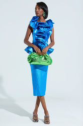 JULIANA METALLIC PEPLUM MIDI DRESS IN BLUE