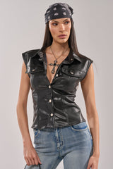 GUESS WHO FAUX LEATHER BUTTON DOWN