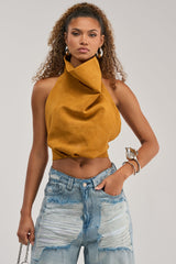 JANE SUEDE HALTER TOP IN MUSTARD