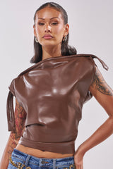 WEEKEND VIBES FAUX LEATHER BLOUSE IN BROWN