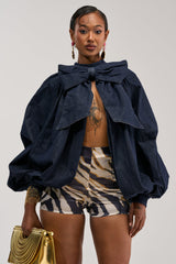 LEAH RUCHED DENIM MOCK NECK TOP IN DARK BLUE DENIM