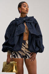 LEAH RUCHED DENIM MOCK NECK TOP IN DARK BLUE DENIM