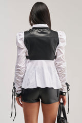 ALWAYS FABULOUS FAUX LEATHER DETAIL BUTTON DOWN BLOUSE