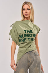 THE RUMORS ARE TRUE OFF THE SHOULDER OLIVE TEE