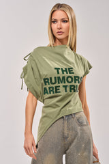 THE RUMORS ARE TRUE OFF THE SHOULDER OLIVE TEE