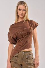 FCK A DAY JOB OFF THE SHOULDER BROWN TEE