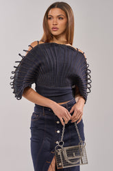 DENIM ON DENIM BLOUSE IN DARK BLUE DENIM