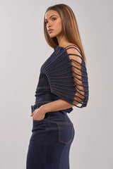 DENIM ON DENIM BLOUSE IN DARK BLUE DENIM