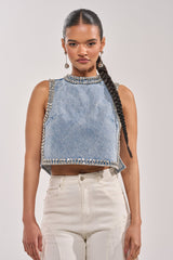 POPPING OUT RHINESTONE DENIM BLOUSE