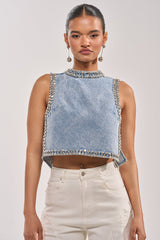 POPPING OUT RHINESTONE DENIM BLOUSE