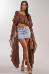 SLOUCHY SQUARE NECK LONG SLEEVE BLOUSE TOP IN BROWN