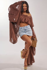SLOUCHY SQUARE NECK LONG SLEEVE BLOUSE TOP IN BROWN
