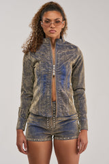 BURNT OUT ZIP UP BLOUSE