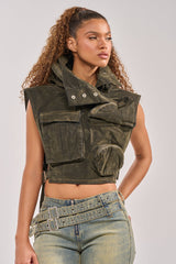 MODEL BEHAVIOR TOP IN DARK OLIVE DENIM