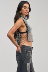 NO CRYING IN THE CLUB RHINESTONE MESH TOP