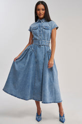 MEET THE PARENTS BELTED DENIM MIDI DRESS