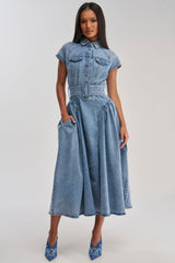 MEET THE PARENTS BELTED DENIM MIDI DRESS