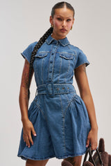 SADIE BUTTON UP DENIM MINI DRESS IN MEDIUM WASH DENIM