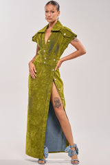 CHELSEA BUTTON DOWN MAXI DRESS IN CHARTREUSE VELVET DENIM