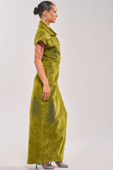 CHELSEA BUTTON DOWN MAXI DRESS IN CHARTREUSE VELVET DENIM