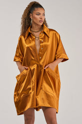 SHE'S RICH OVERSIZED SATIN ROMPER IN MUSTARD