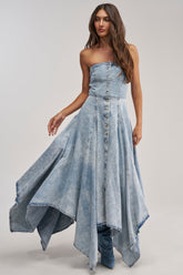MISS ME YET STRAPLESS DENIM MIDI DRESS