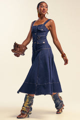WILDFLOWER DRIFT MIDI DRESS IN DARK BLUE DENIM