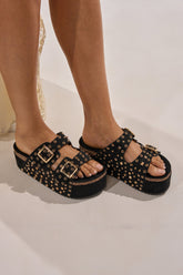 AZALEA WANG KAEGAN BLACK FLATFORM STUD EMBELLISHED SLIP ON SANDAL