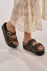 AZALEA WANG KAEGAN BLACK FLATFORM STUD EMBELLISHED SLIP ON SANDAL