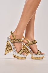 AKIRA GOLD KARINA GOLD METALLIC EMBELLISHED BLOCK HEEL SANDAL