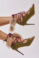 AZALEA WANG KARLA OLIVE FAUX SUEDE FUR EMBELLISHED STILETTO SANDAL