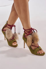 AZALEA WANG KARLA OLIVE FAUX SUEDE FUR EMBELLISHED STILETTO SANDAL
