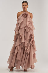 GOLDEN HOUR FLORAL CHIFFON MAXI DRESS IN MAUVE