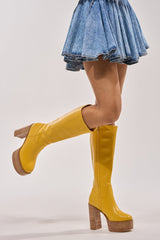 AZALEA WANG LANDRY YELLOW PU WOOD STACK PLATFORM BOOT