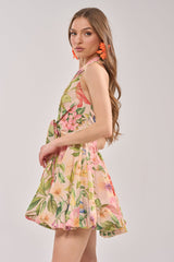 SOFT LAUNCH FLORAL MINI DRESS IN BEIGE