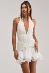 GOLDEN GLAM RUFFLE MINI DRESS IN WHITE