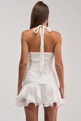 GOLDEN GLAM RUFFLE MINI DRESS IN WHITE