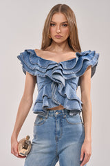 DREAMING BIG DENIM RUFFLE TOP